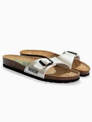 BACKSUN Skórzane klapki "Paris" w kolorze kremowym rozmiar: 37. Brązowe klapki damskie Backsun, bez wzorów, z materiału, z otwartym noskiem, bez obcasa, bez zapięcia. Za 117.99 zł.