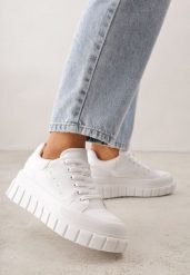 Białe Sneakersy VICES na Platformie w Stylu Chunky z Perforacją Hypsyllis. Białe obuwie sportowe damskie Renee, z jeansu, bez zapięcia. Za 89.99 zł.