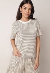 Kremowo-Czarny Klasyczny T-shirt z Bawełny o Prostym Kroju Phemeni. Brązowe t-shirty damskie Born2be, l, bez wzorów, z bawełny, bez kołnierzyka. Za 59.99 zł.