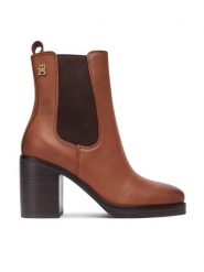 Tommy Hilfiger Botki Square Toe Chelsea High Block Hl FW0FW08844 Brązowy. Brązowe botki damskie Tommy Hilfiger, ze skóry, bez obcasa, na słupku, bez zapięcia. Za 719.99 zł.