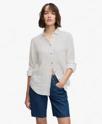 Superdry Koszula Premium Lniana Boyfriend. Białe koszule damskie Superdry, na lato, bez wzorów, ze lnu, eleganckie, bez kołnierzyka, bez ramiączek. Za 387.20 zł.