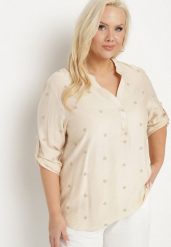 Beżowa Wiskozowa Koszula z Metaliczną Nicią i Haftami w Gwiazdki Xarbia. Brązowe koszule damskie Born2be, xl, bez wzorów, z jeansu, eleganckie, bez kołnierzyka, bez ramiączek. Za 84.99 zł.