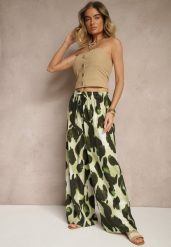 Jasnozielone Szerokie Spodnie High Waist z Wiskozą w Panterkowy Wzór Zeviera. Zielone spodnie materiałowe damskie Renee, bez wzorów, z jeansu. Za 39.99 zł.