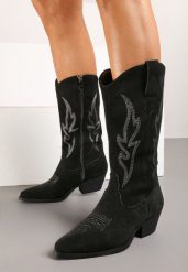 Czarne Botki na Stożku w Stylu Kowbojek Retalia. Czarne botki damskie Renee, na jesień, z jeansu, eleganckie, bez obcasa, na obcasie, bez zapięcia. Za 159.99 zł.