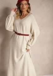 Jasnobeżowa Pudełkowa Sukienka Sweterkowa z Wiskozą ze Ściągaczami Besizia. Brązowe sukienki damskie Renee, bez wzorów, z wiskozy, eleganckie, bez ramiączek. W wyprzedaży za 111.99 zł.