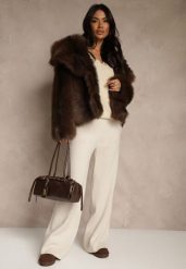 Jasnobeżowe Szerokie Spodnie Dzianinowe Ozdobione Sznurkami Meretusa. Brązowe spodnie materiałowe damskie Renee, bez wzorów, z dzianiny. Za 99.99 zł.