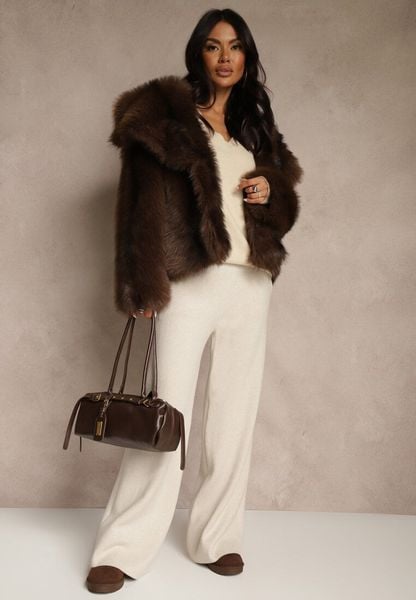 Jasnobeżowe Szerokie Spodnie Dzianinowe Ozdobione Sznurkami Meretusa. Brązowe spodnie materiałowe damskie Renee, bez wzorów, z dzianiny. Za 99.99 zł.