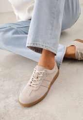 Beżowe Płaskie Sneakersy ze Skóry Naturalnej z Ozdobnymi Paskami Nelarielis. Brązowe obuwie sportowe damskie Renee, z bawełny, bez zapięcia, tenisowe. Za 179.99 zł.