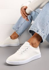 Beżowo-Białe Sznurowane Tenisówki z Ozdobną Taśmą na Tyle i Perforacją Kavinna. Brązowe obuwie sportowe damskie Renee, bez zapięcia, tenisowe. Za 39.99 zł.