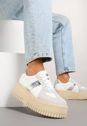 Biało-Szare Sneakersy na Grubej Podeszwie z Ozdobnym Paskiem Viviriana. Białe obuwie sportowe damskie Born2be, na lato, z jeansu, bez zapięcia. Za 89.99 zł.