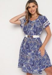 Granatowa Wiskozowa Sukienka o Rozkloszowanym Kroju w Stylu Boho Melnea. Niebieskie sukienki damskie Born2be, bez wzorów, z wiskozy, boho, bez ramiączek. Za 89.99 zł.