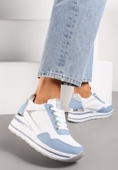 Niebiesko-Białe Sneakersy na Grubej Podeszwie z Brokatowymi Wstawkami Dorcassa. Białe obuwie sportowe damskie Born2be, bez zapięcia. Za 99.99 zł.