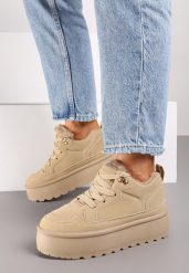 Beżowe Sneakersy Vices Stylizowane na Śniegowce na Platformie Obszyte Futerkiem Naleris. Brązowe obuwie sportowe damskie Renee, z futra, bez zapięcia. Za 84.99 zł.