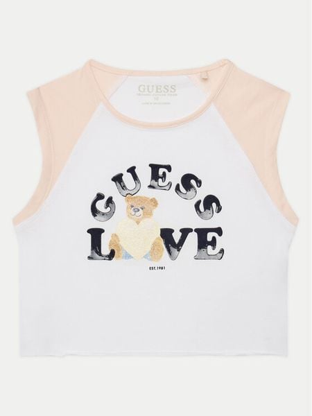 Guess Top J5GI12 K6YW4 Biały Regular Fit. Białe koszulki i t-shirty dziewczęce Guess, z aplikacjami, z bawełny, bez kołnierzyka, bez ramiączek. Za 59.99 zł.