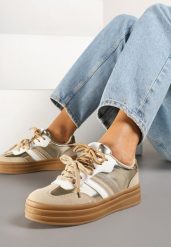 Złote Sneakersy w Stylu Tenisówek Ozdobione Brokatem Teladriena. Żółte obuwie sportowe damskie Renee, z jeansu, bez zapięcia, tenisowe. Za 89.99 zł.