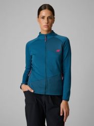 4F Bluza trekkingowa slim bez kaptura damska - turkusowa S. Niebieskie kardigany damskie 4F, l, bez wzorów, z materiału. Za 199.99 zł.