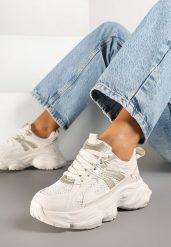 Beżowe Sneakersy na Grubej Tłoczonej Podeszwie z Metaliczną Wstawką Alanelis. Brązowe obuwie sportowe damskie Born2be, z jeansu, bez zapięcia. Za 99.99 zł.