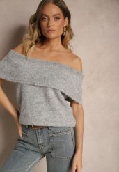 Jasnoszary Sweter Top z Hiszpańskim Wywijanym Dekoltem z Wełną Inarose. Szare swetry klasyczne damskie Renee, m, z wełny, bez kołnierzyka. Za 89.99 zł.
