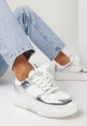 Biało-Srebrne Sneakersy na Platformie z Szerokimi Sznurówkami Ferinal. Białe obuwie sportowe damskie Born2be, przed kostkę, bez zapięcia. Za 99.99 zł.
