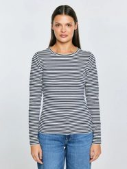 Bluzka damska w paski granatowa Vensa 403. Niebieskie bluzki damskie Big Star, l, bez wzorów, z dzianiny, casualowe, bez kołnierzyka, bez ramiączek. Za 119.99 zł.