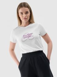 4F T-shirt slim z nadrukiem damski - biały XS. Białe t-shirty damskie 4F, xs, bez wzorów, z bawełny, bez kołnierzyka. W wyprzedaży za 29.99 zł.