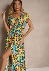 Żółta Sukienka z Bawełny w Abstrakcyjny Wzór Emisienna. Żółte sukienki damskie Renee, bez wzorów, z bawełny, eleganckie, bez ramiączek. W wyprzedaży za 41.99 zł.