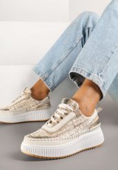 Ciemnobeżowe Sneakersy na Grubej Podeszwie Zdobione Tweedem i Przeszyciami Ulamoriela. Brązowe obuwie sportowe damskie Born2be, z jeansu, bez zapięcia. Za 109.99 zł.