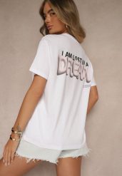 Biało-Różowy T-shirt z Bawełny Ozdobiony Nadrukiem Adneria. Białe t-shirty damskie Renee, l, bez wzorów, z bawełny, bez kołnierzyka. Za 44.99 zł.