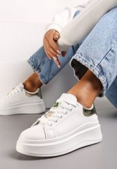 Biało-Złote Sneakersy Ozdobione Cyrkoniami i Kwiatami na Grubej Podeszwie Rainasse. Białe obuwie sportowe damskie Renee, bez zapięcia. Za 79.99 zł.