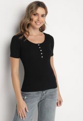Czarny Prążkowany T-shirt z Bawełny Ozdobiony Guzikami Tasavia. Czarne t-shirty damskie Born2be, m, z aplikacjami, z bawełny, bez kołnierzyka. Za 44.99 zł.