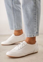 Białe Perforowane Sneakersy z Zamszu Naturalnego ze Skórzaną Wkładką Mezlea. Białe obuwie sportowe damskie Born2be, z jeansu, bez zapięcia. Za 189.99 zł.