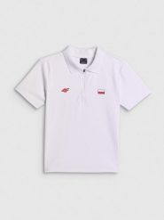 4F Koszulka kibica polo damska - biała S. Białe bluzki damskie 4F, s, bez wzorów, z materiału, bez kołnierzyka, bez ramiączek. Za 99.99 zł.