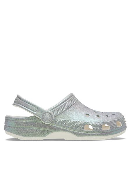 Crocs Klapki Classic Iridescent Glitter Clog 211005 Srebrny. Szare klapki damskie Crocs, bez wzorów, z tworzywa sztucznego, bez obcasa, bez zapięcia. Za 269.99 zł.