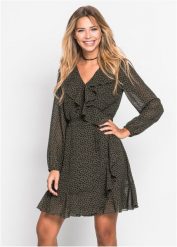 Sukienka kopertowa z falbanami. Zielone sukienki damskie bonprix, bez wzorów, bez ramiączek. Za 159.99 zł.