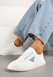 Biało-Niebieskie Tenisówki Zdobione Perforacją i Aplikacją Frolmio. Białe obuwie sportowe damskie Born2be, z jeansu, bez zapięcia, tenisowe. Za 54.99 zł.