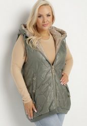 Zielona Kamizelka Pikowana z Kapturem i Ściągaczami Kolavira. Zielone kamizelki damskie Born2be, plus size, bez wzorów, z jeansu, z kapturem. Za 159.99 zł.