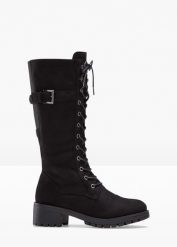 Kozaki sznurowane. Czarne kozaki damskie bonprix, bez obcasa, bez zapięcia. Za 209.99 zł.