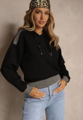 Czarna Bluza z Kapturem Ozdobiona Ściągaczami i Metaliczną Nitką Ulisiela. Czarne bluzy damskie Renee, l, bez wzorów, z jeansu, z kapturem. Za 69.99 zł.