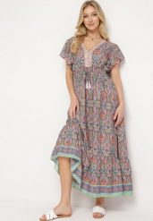 Pomarańczowa Sukienka w Stylu Boho z Cienkimi Gumkami w Pasie Ozdobiona Frędzlami Vitessa. Niebieskie sukienki damskie Born2be, bez wzorów, boho, bez ramiączek. Za 99.99 zł.