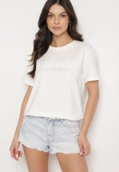 Biały T-shirt z Bawełny z Aplikacją z Cyrkoniami Deraine. Białe t-shirty damskie Born2be, l, z aplikacjami, z bawełny, bez kołnierzyka. Za 34.99 zł.