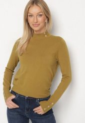 Zielony Dopasowany Golf z Aplikacjami przy Dekolcie i Rękawach Unella. Zielone golfy damskie Born2be, l, z aplikacjami, z jeansu, bez ramiączek. Za 59.99 zł.