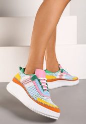 Zielono-Pomarańczowe Sznurowane Sneakersy na Grubej Podeszwie do Kostki Pasapia. Zielone obuwie sportowe damskie Renee, z materiału, bez zapięcia. Za 99.99 zł.