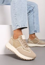 Ciemnobeżowe Płaskie Sneakersy z Geometrycznym Motywem Erisalen. Brązowe obuwie sportowe damskie Born2be, z bawełny, bez zapięcia, trekkingowe. Za 89.99 zł.