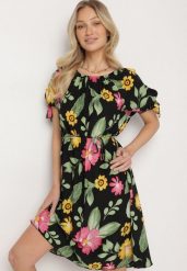 Czarna Bawełniana Sukienka w Kwiatowy Wzór z Wiązaniem w Talii i na Rękawach Tosmira. Czarne sukienki damskie Born2be, bez wzorów, z bawełny, eleganckie, bez ramiączek. Za 89.99 zł.