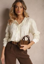 Beżowa Koszula z Bawełny Ozdobiona Falbanką i Haftem Feliren. Brązowe koszule damskie Renee, l, bez wzorów, z bawełny, eleganckie, bez kołnierzyka, bez ramiączek. Za 119.99 zł.