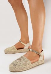 Złote Espadryle na Grubej Podeszwie z Plecionki i Ażurowym Wzorem na Cholewce Astaria. Żółte espadryle damskie Born2be, w ażurowe wzory, bez obcasa. Za 84.99 zł.