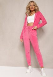 Fuksjowy Dresowy Komplet z Weluru Spodnie i Bluza z Kapturem na Suwak Styrena. Czerwone bluzy damskie Renee, m, bez wzorów, z dresówki, z kapturem. Za 74.99 zł.