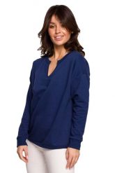 Efektowna Bluza z Wycięciem przy Dekolcie - Atramentowa. Niebieskie bluzy damskie MOE, l, bez wzorów, z bawełny, bez kaptura. Za 204.90 zł.
