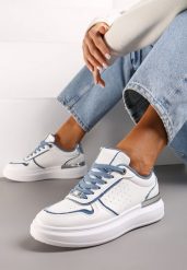 Białe Sneakersy Ozdobione Wstawkami z Materiału i Aplikacją z Cyrkonii Eephira. Białe obuwie sportowe damskie Renee, z jeansu, bez zapięcia. Za 69.99 zł.