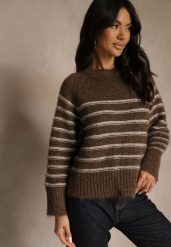 Brązowy Sweter z Dodatkiem Wełny Ozdobiony Paskami Liatella. Brązowe swetry klasyczne damskie Renee, z jeansu, bez kołnierzyka. Za 119.99 zł.